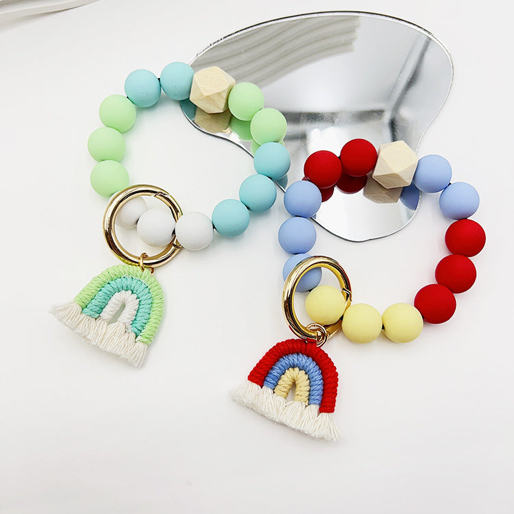 Wholesale Candy Color Silicone Beaded Rainbow Handwoven Tassel Wrist Keychain